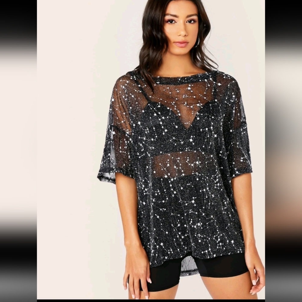 Women's Black Sheer Mesh Longline Tee Starry Top